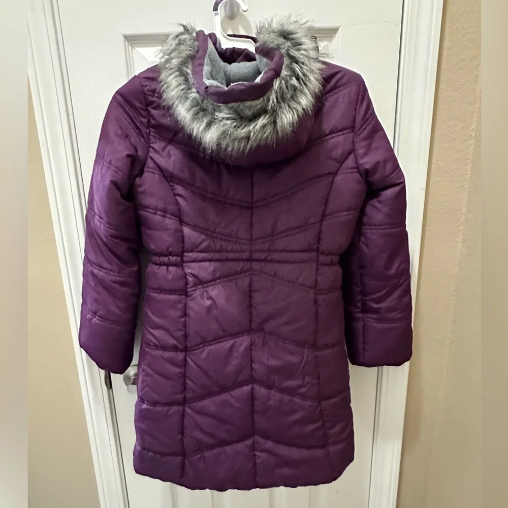 Calvin Klein Girls' Hooded Puffer Jacket purple faux fur trim hood size 12/14